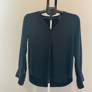 Ann Taylor Black Pleated Blouse with Mandarin Collar